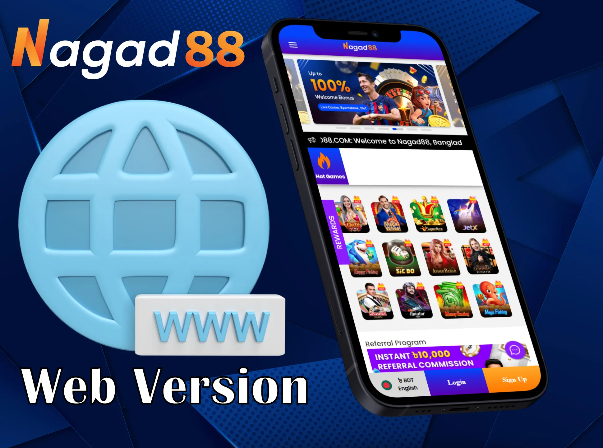 You can open a web version of Nagad88 on your mobile phone and bet via it.