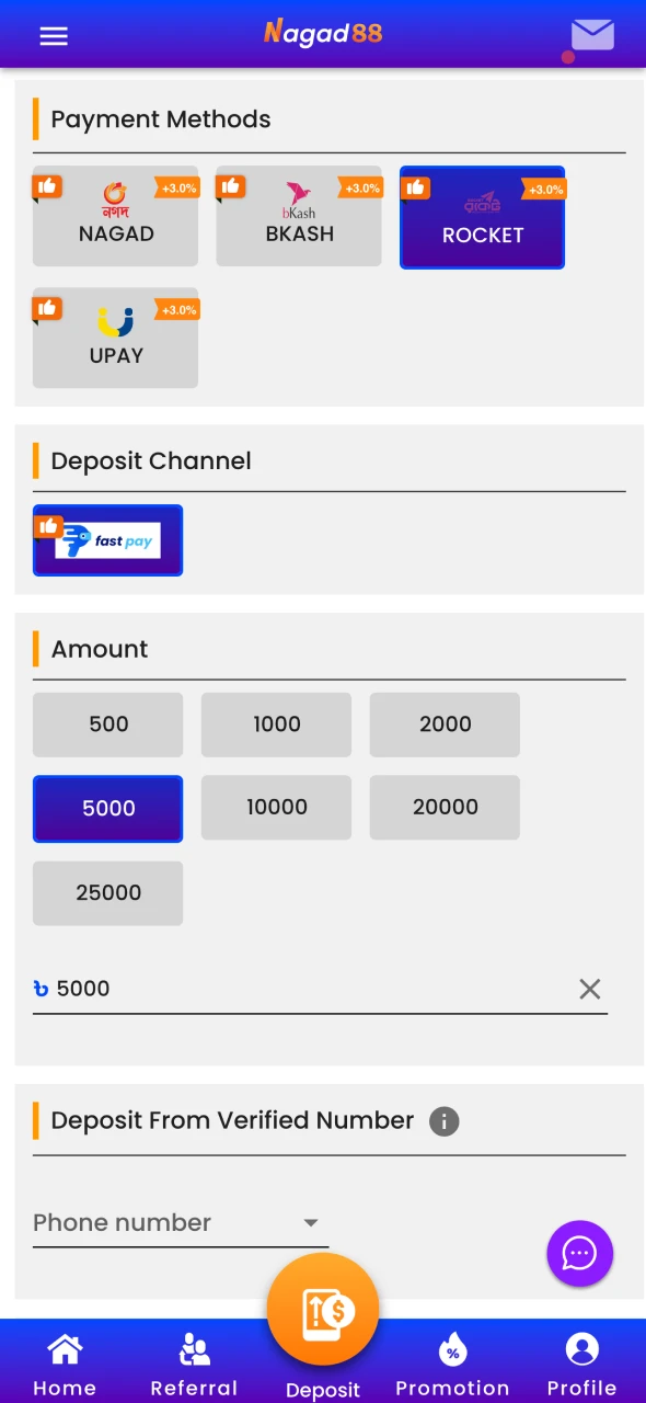 Make a deposit at Nagad88 casino platform.