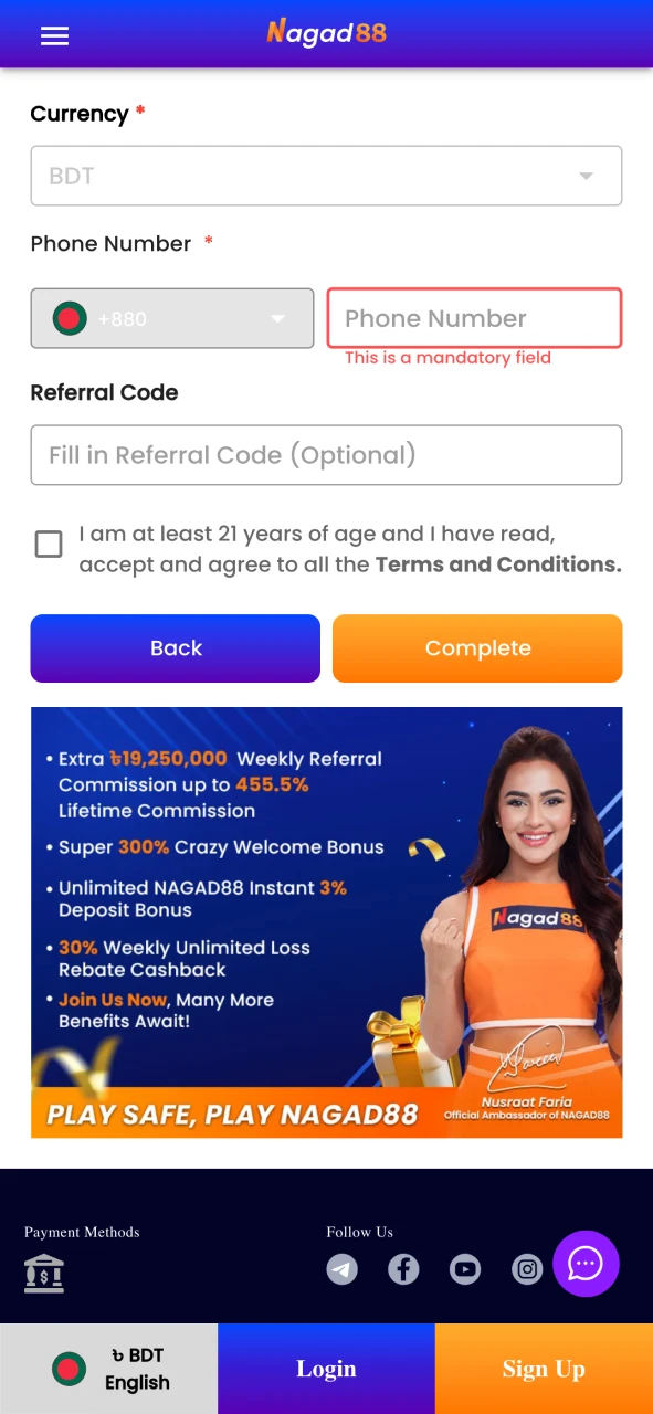 Click Sign Up on the Nagad88 homepage and fill in your details.